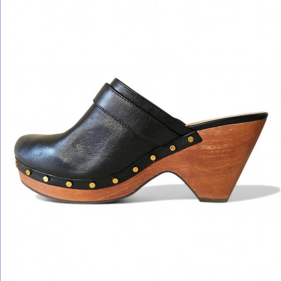 Veronica Beard Black Leather Wood-Block Clogs with Gold Buckle 8.5 - Picture 2 of 7